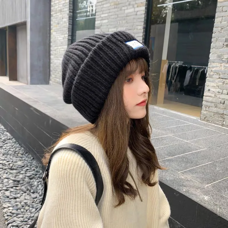 Huge Oversized Knitted Hat Women Winter Thicken Beanies Hat Big Head Cold Hat Lady Fashion Letter Warm Skullies Caps