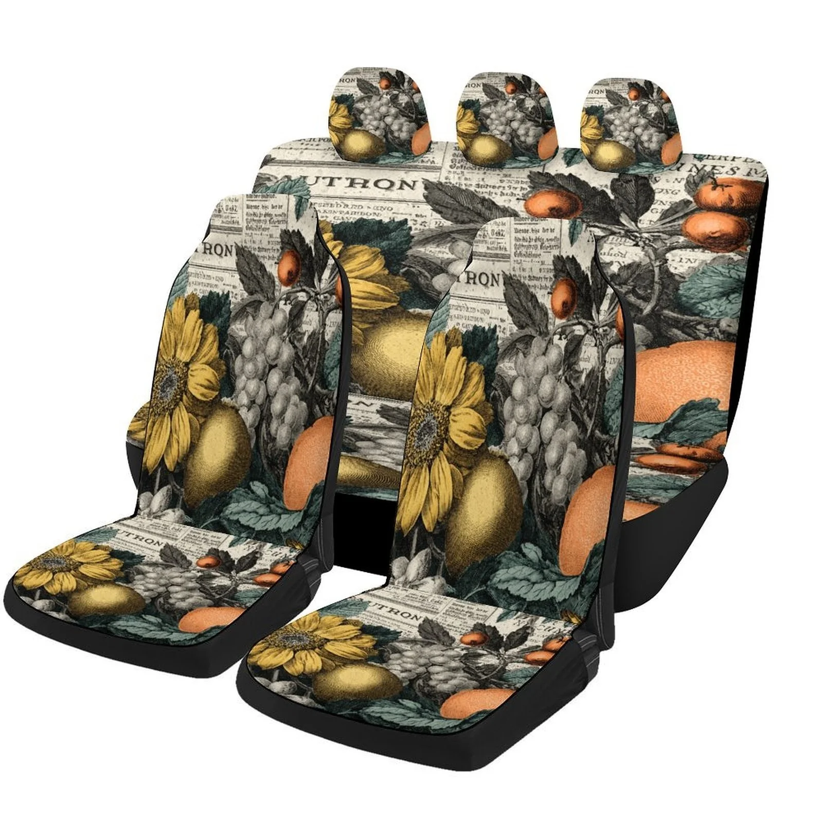 A Complete Set Of Stylish And Breathable Car Seat Covers Featuring A Fruit And Flower Still Life Design, Suitable For Most Vehic