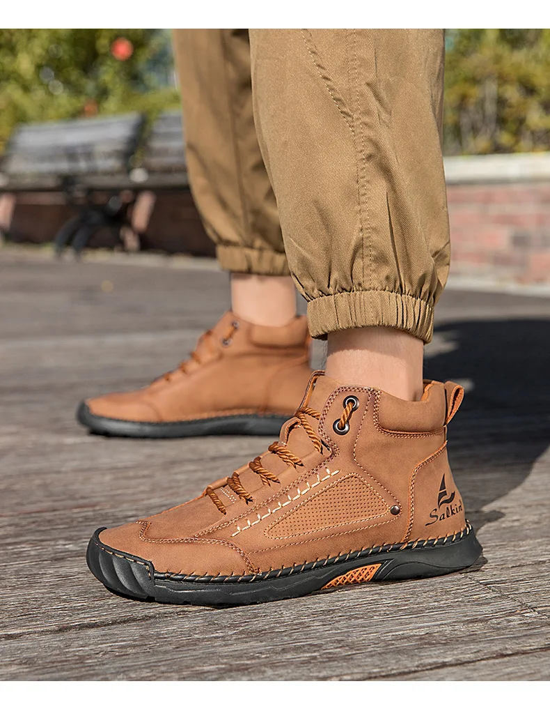 

Large-size men's high-top leather boots Hand-stitched ankle boots Flat-soled lace-up casual shoes