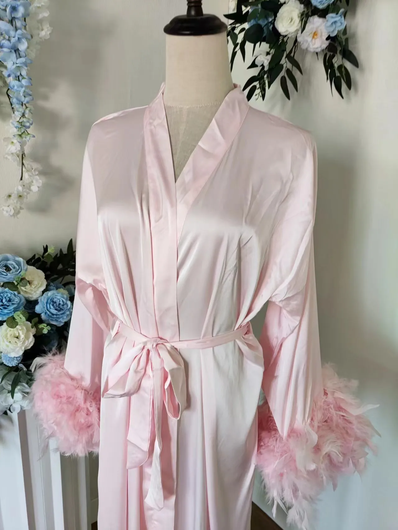 Pink Boudoir Wedding Floor Length Maxi Dressing Gown Robes Feather Long Robe Stain Silk Lingerie Bride to Be Hen Party Dress