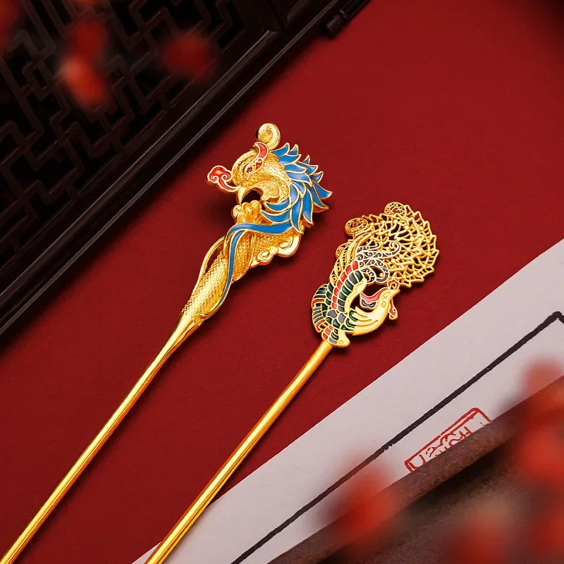 9999 Real Gold 24K New Enamel Color Phoenix Hairpin National Style Headgear Disc Hair, Retro   Accessories 