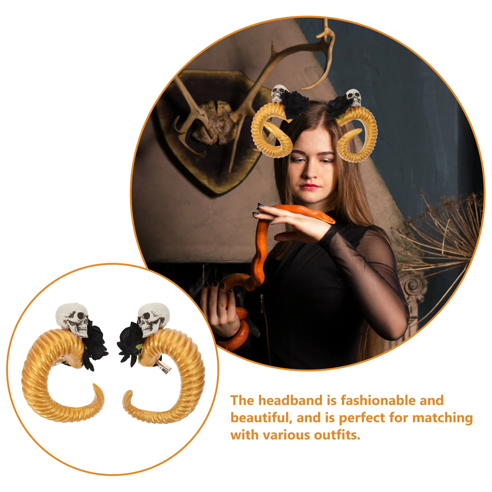 

Rose Hair Clip Golden Horns Black Skull Gothic Accessories Women Halloween Cosplay Durable Plastic Easy Wear Hairstyle Props