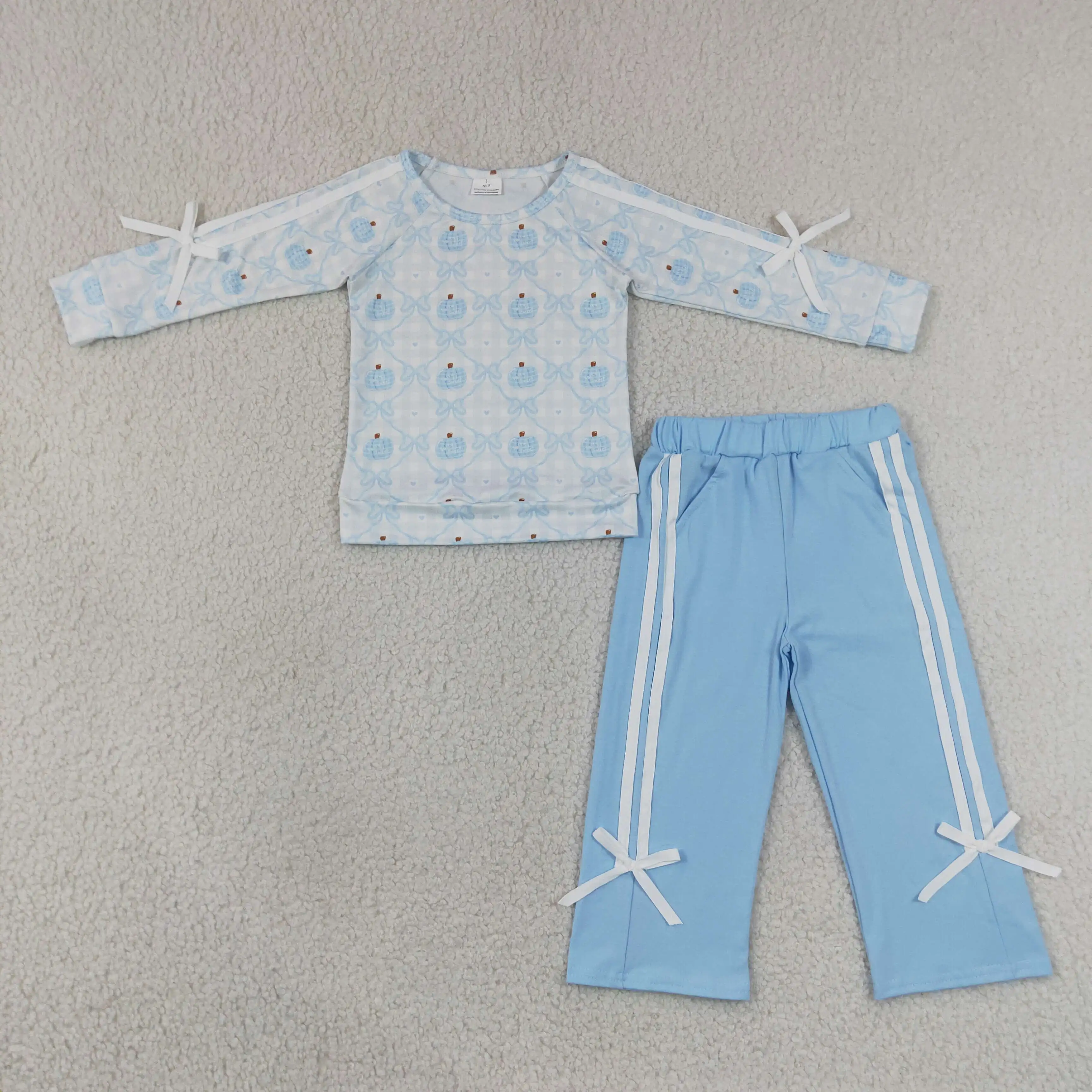 Wholesale Children Girls Long Sleeves Pumpkins Bows Shirt Blue Pants Outfit Baby Girl Fall Clothes Toddler Kids Thanksgiving Set
