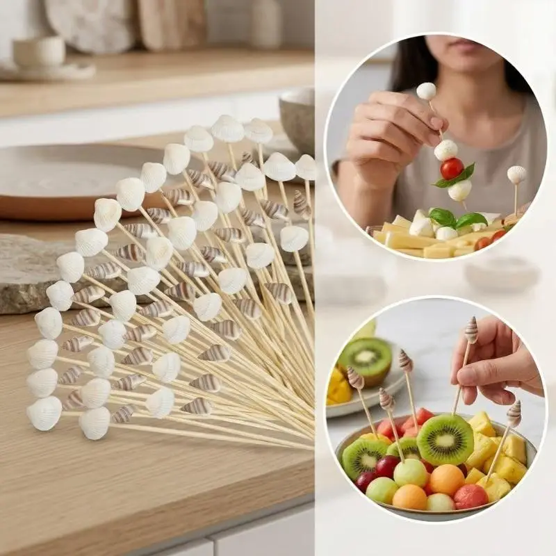 100 Stück 12cm Krabbenschalen-Bambus-Cocktailspießchen, Frucht-Cupcake-Aperitif-Topper, Hawaiianische Sommer-Strandparty-Zubehör – Detail 6