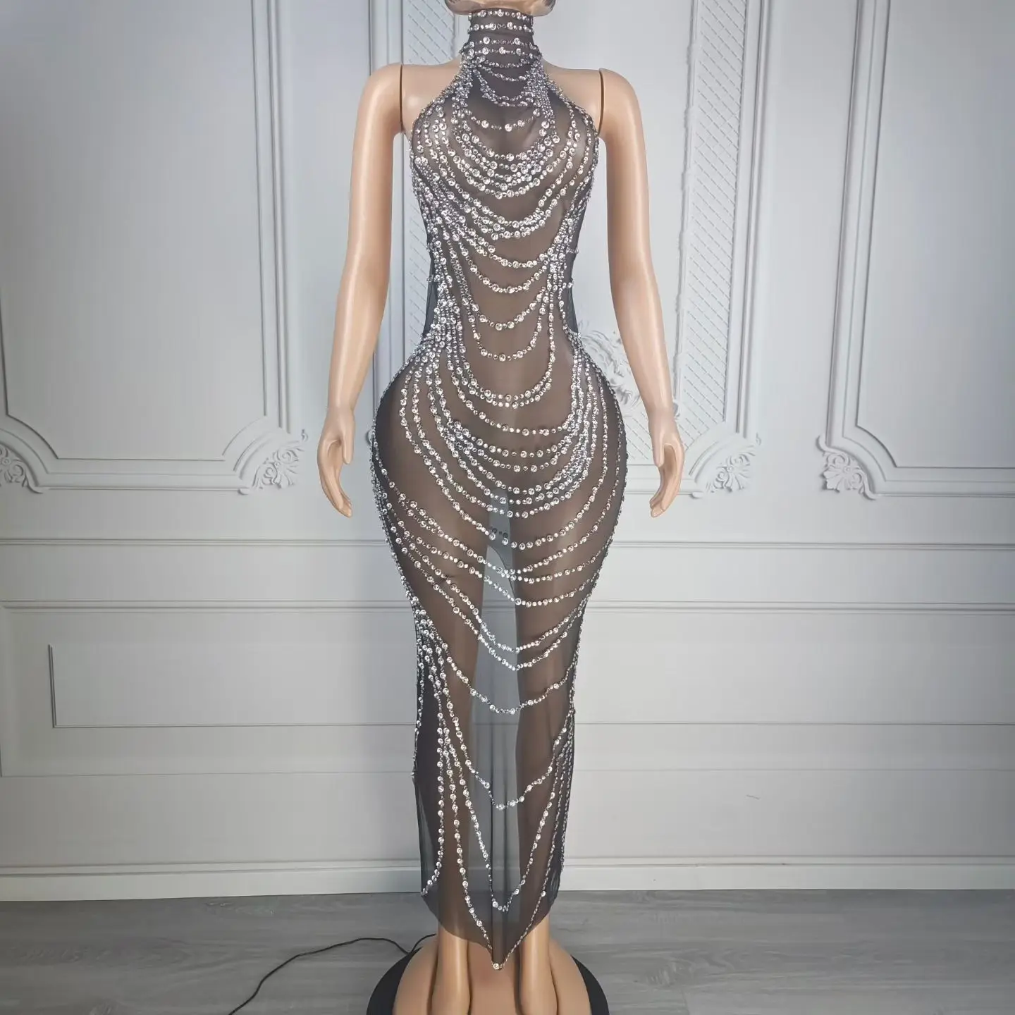 

Qianceng Luxury Women Sleeveless Dress Sexy See Through Mesh Diamond Long Dress Bar Stage Performance Costume Birthday Dress