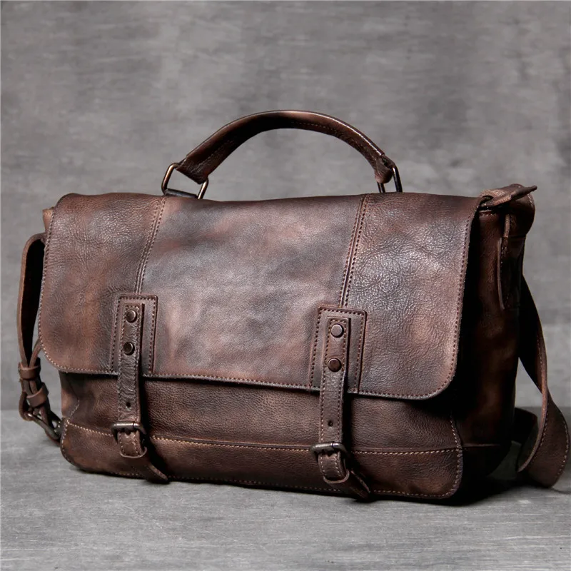 PNDME vintage high quality genuine leather men\'s messenger bag outdoor travel first layer cowhide large capacity shoulder bag