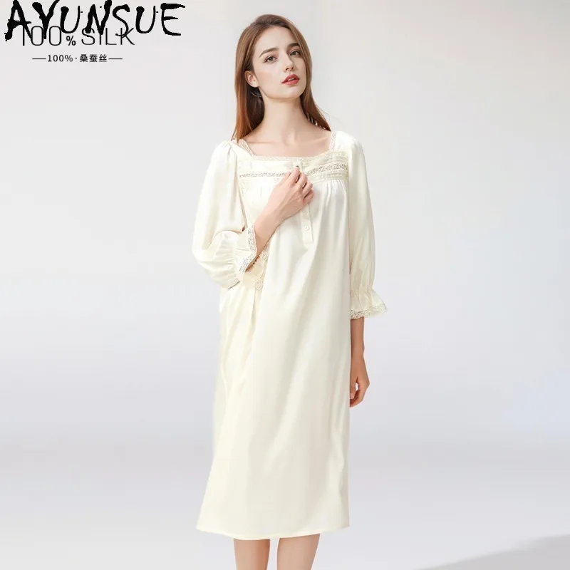 AYUNSUE 100% Silk Night Dresses for Woman Cute Square-necked Princess Dress Puff Sleeves Pajamas for Women High Quality Пижама