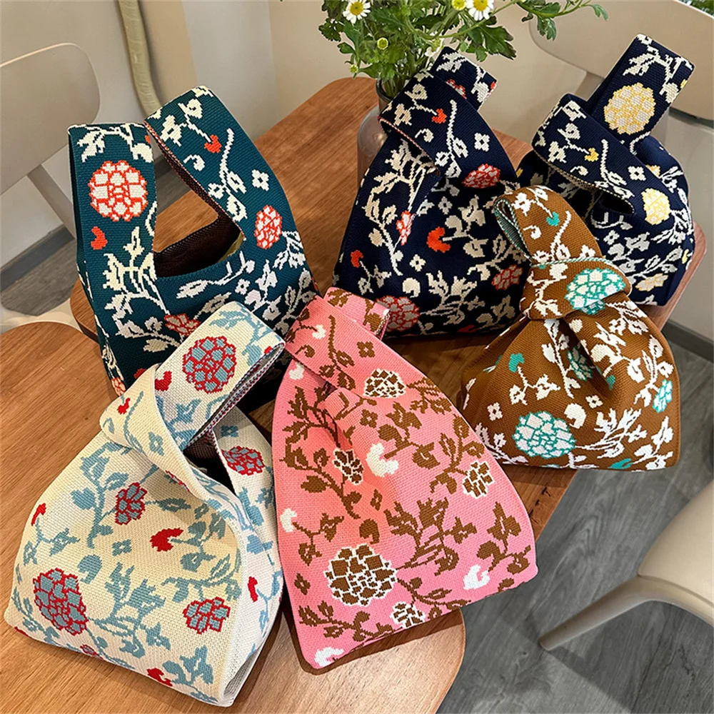 Japanese Niche Floral Knitted Handbag Female Handbag Retro Wrist Bag Shoulder Bag Casual Reusable Shopping Bags Women Purse