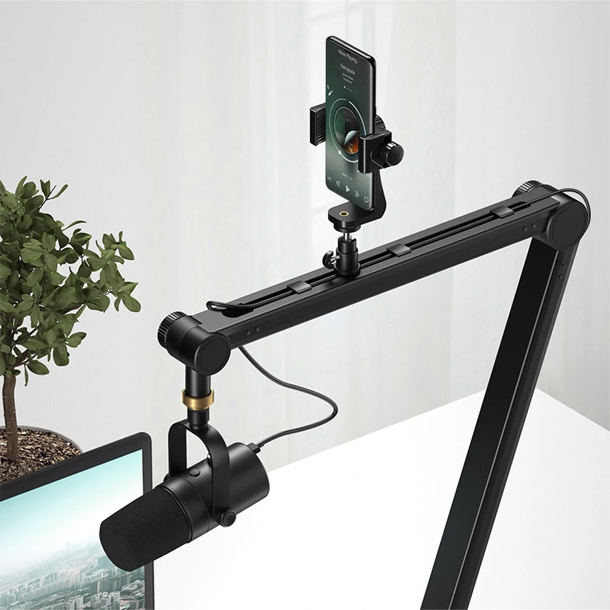 

360 Degree Adjustable Microphone Stand with Phone Holder Live Streaming Heavy Duty Boom Arm Microphone Holder