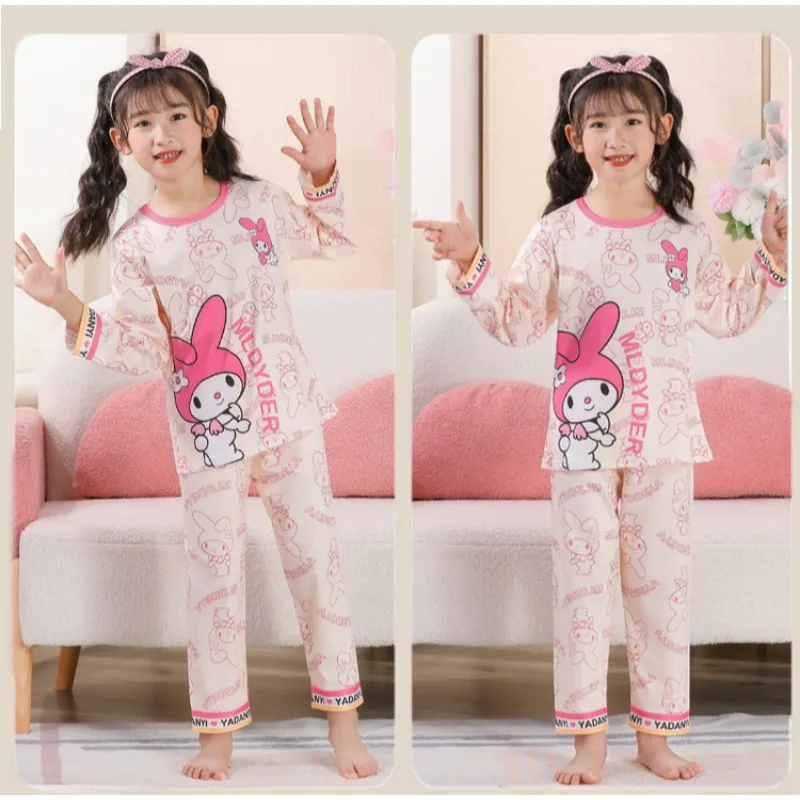 Kawaii Child Cartoon Pajamas Long Sleeve Tops Pants Set Sanrio Kuromi Melody Printed Thin Sleepwear Summer Children Clothing