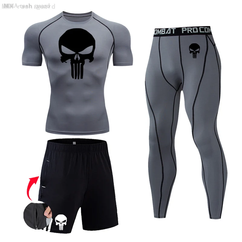 Men Skull Compression set MMA Short Sleeve T-shirt Men\'s Sport Tights Pants Fitness Bodybuilding Clothes work out Running Suit