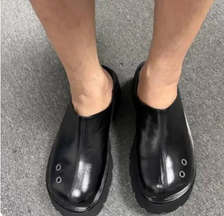 Men Black Genuine Leather Platform Mules Slippers Round Toe Hollow 6 CM Thick Sole Slip‑On Backless Fashion Clog Slides Shoes