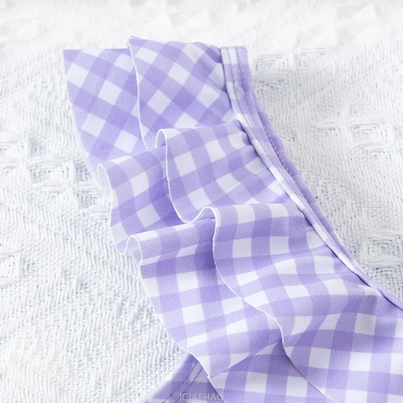 

2025 Kids Girls Swimsuits One Shoulder Ruffle Swimwear Plaid Bathing Suit Swimsuit GirlSummer Swimsuit Short Matching