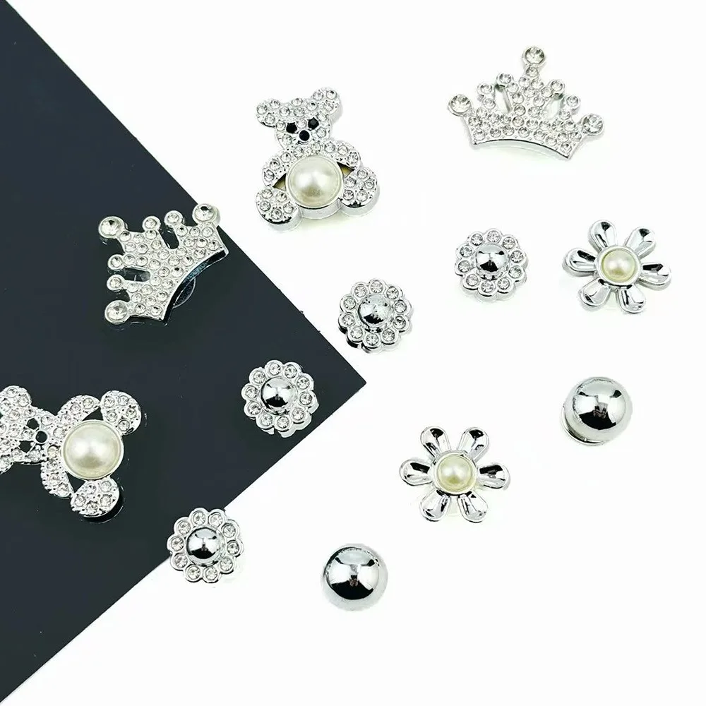 

12PCS Shoe Charms Set Silver Crown Diamond Pearl Bear Shoe Decorations Buckle for Sandals Clogs DIY Accessories Gifts