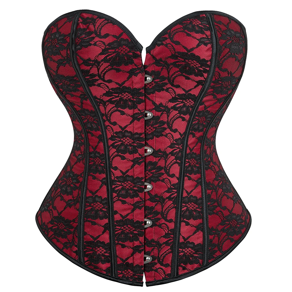 Red Overbust Corset Women Korset Shaper Floral Lace Waist Bustier Top