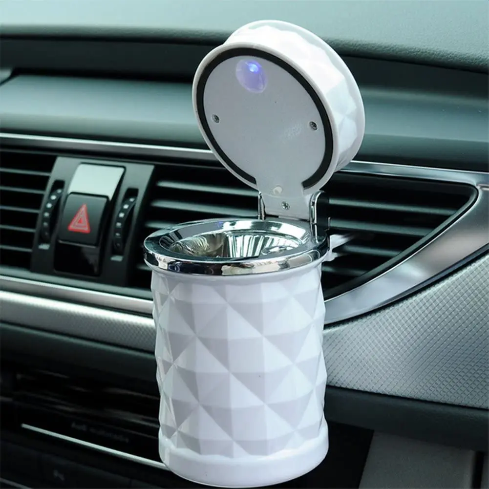 Portable LED Car Ashtray with Lid and LED Light, Diamond Pattern Ashtray with Air Vent Holder for Car Universal, White