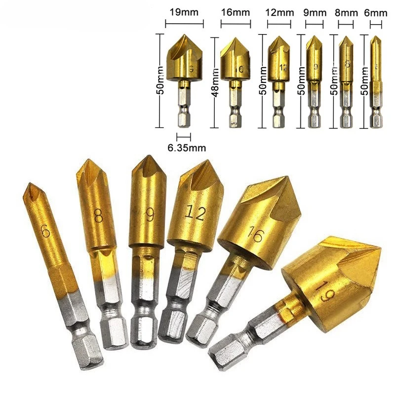 

6PC Hexagonal Handle Titanium Plated Five Edge Chamfering Knife Countersunk Drill 6-19mm Woodworking Spot Facer Tool Set