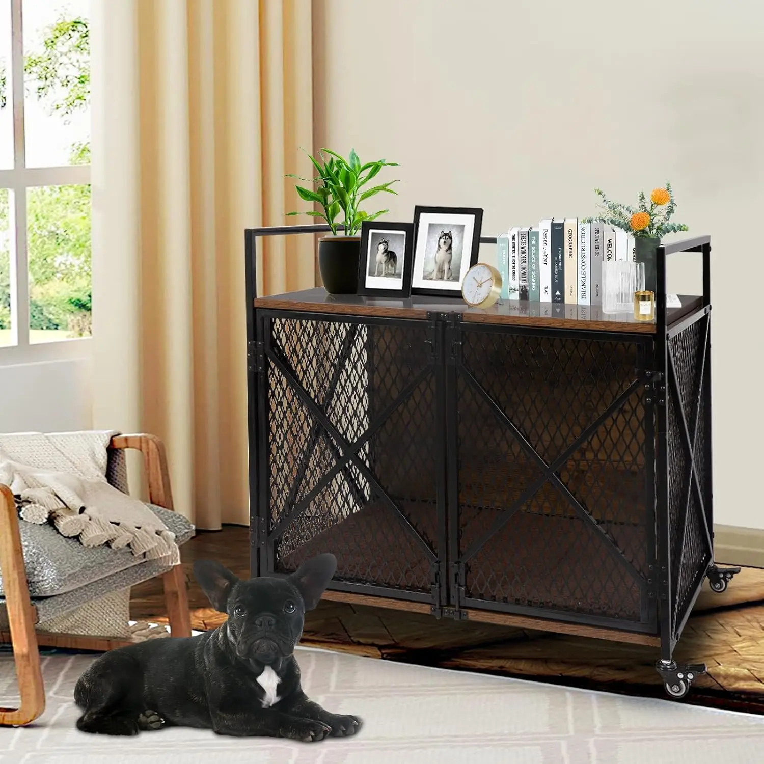 

Petscosset Dog Crate Furniture, Wooden 31"L Dog Kennel with Wheels