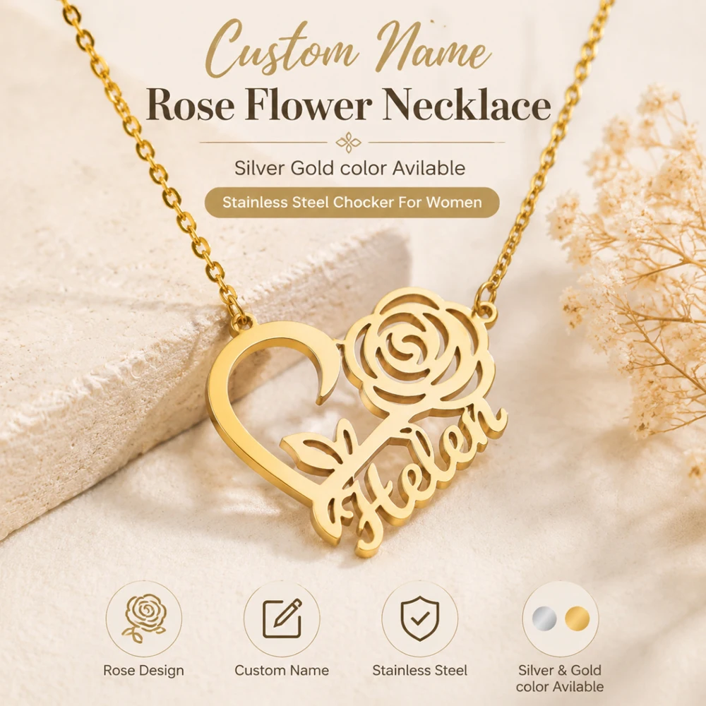 Personalized Name Rose Flower Necklace Custom Nameplat Choker Stainless Steel Necklaces For Women Customized Jewelry Couple Gift