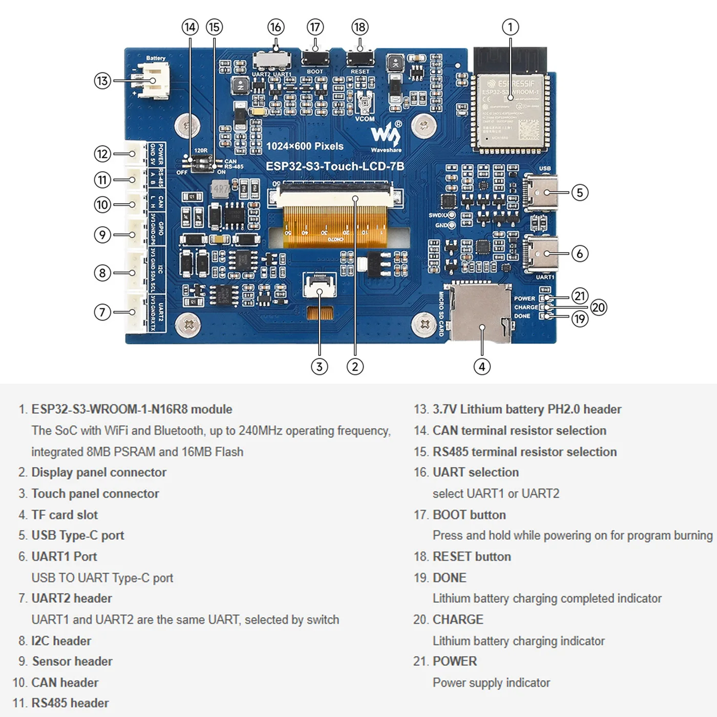 Waveshare ESP32-S3 7 Inch 1024X600 IPS LCD Development Board ESP32 Touch Screen Display LVGL GUI HMI for Aruidno IDE ESP-IDE
