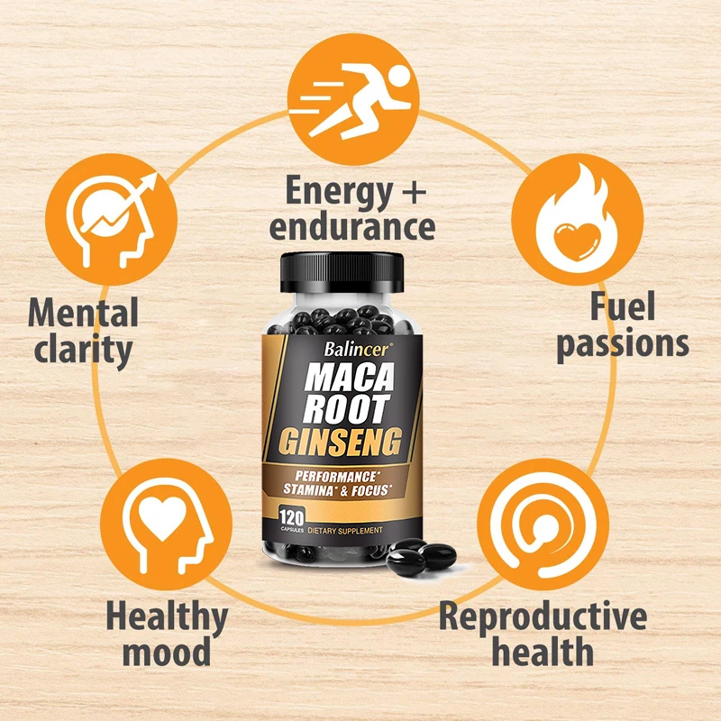 Maca Root Capsules (containing black maca) + red ginseng extract for women and men, reproductive health and natural energy suppl