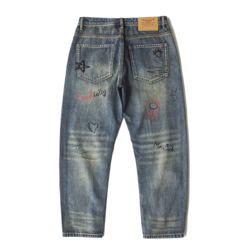 ขนาด 40 พิมพ์ Graffiti ฤดูใบไม้ร่วงผู้ชาย DENIM กางเกงยีนส์ Streetwear ตรงขนาดใหญ่หลวม Fit Stylish กางเกงอเนกประสงค์สําหรับฤดูใบไม้ผลิ