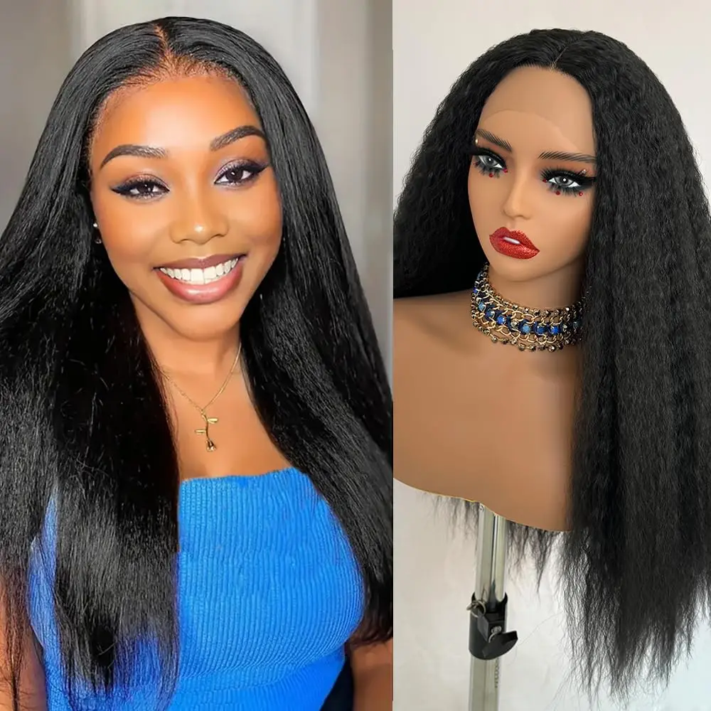 Kinky Straight Lace Front Wigs 200% Density Pre Plucked T Part Wig Long Yaki Straight Wig Natural Black Hair Wig Yaki For Woman