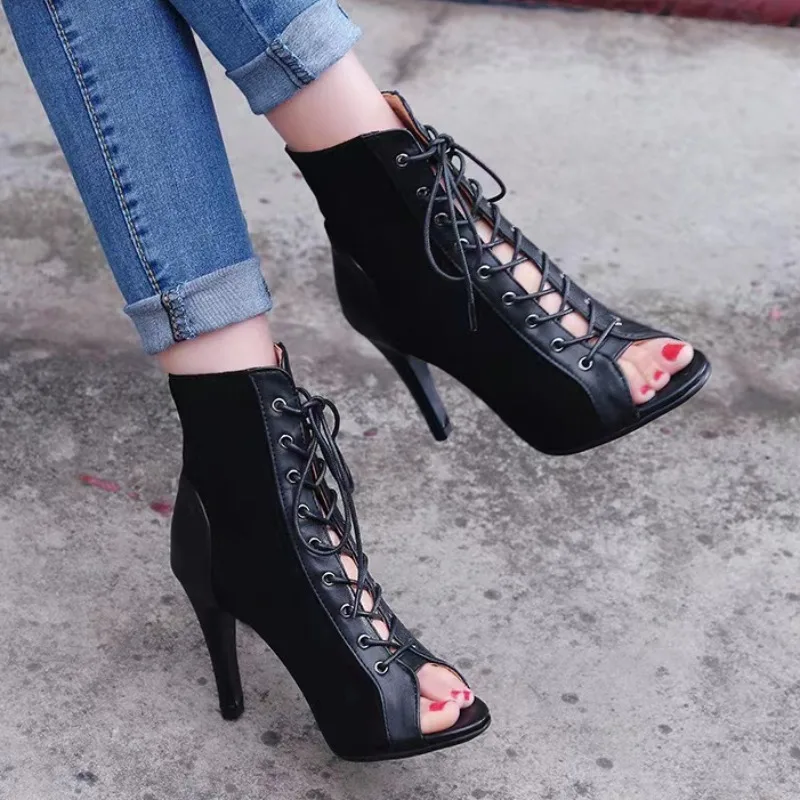 High Heels Women 2024 Summer New Trendy Lace-Up High-heeled Sandals Women Black Peep Toe Sandals Sexy Stilettos Jazz Dance Shoes