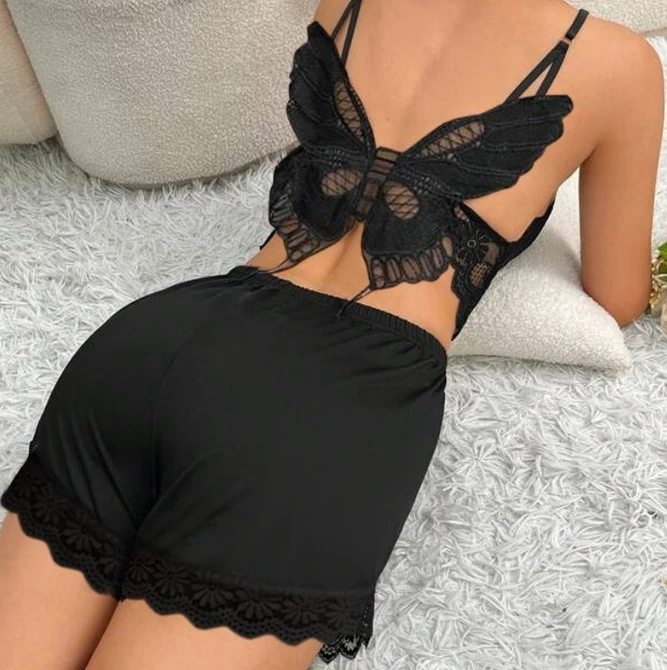 

Women's Summer Fashion Solid Color 2024 Elegant Two-Piece Set Sexy Butterfly Lace Patchwork Home Lingerie Set ﻿