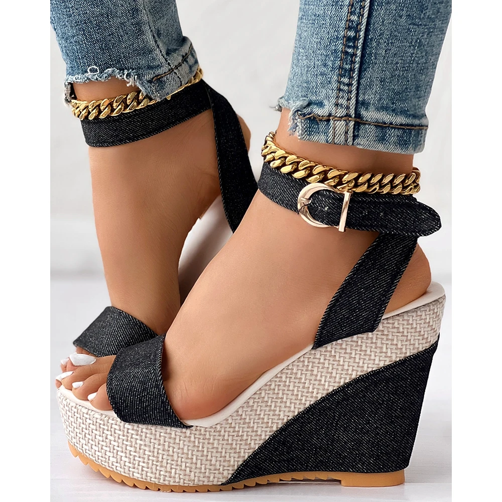 Fashion Women Ankle Strap Denim Platform Wedge Summer Lady Peep Toe Sandals Casual Streetwear Korean Style High Heel Shoes