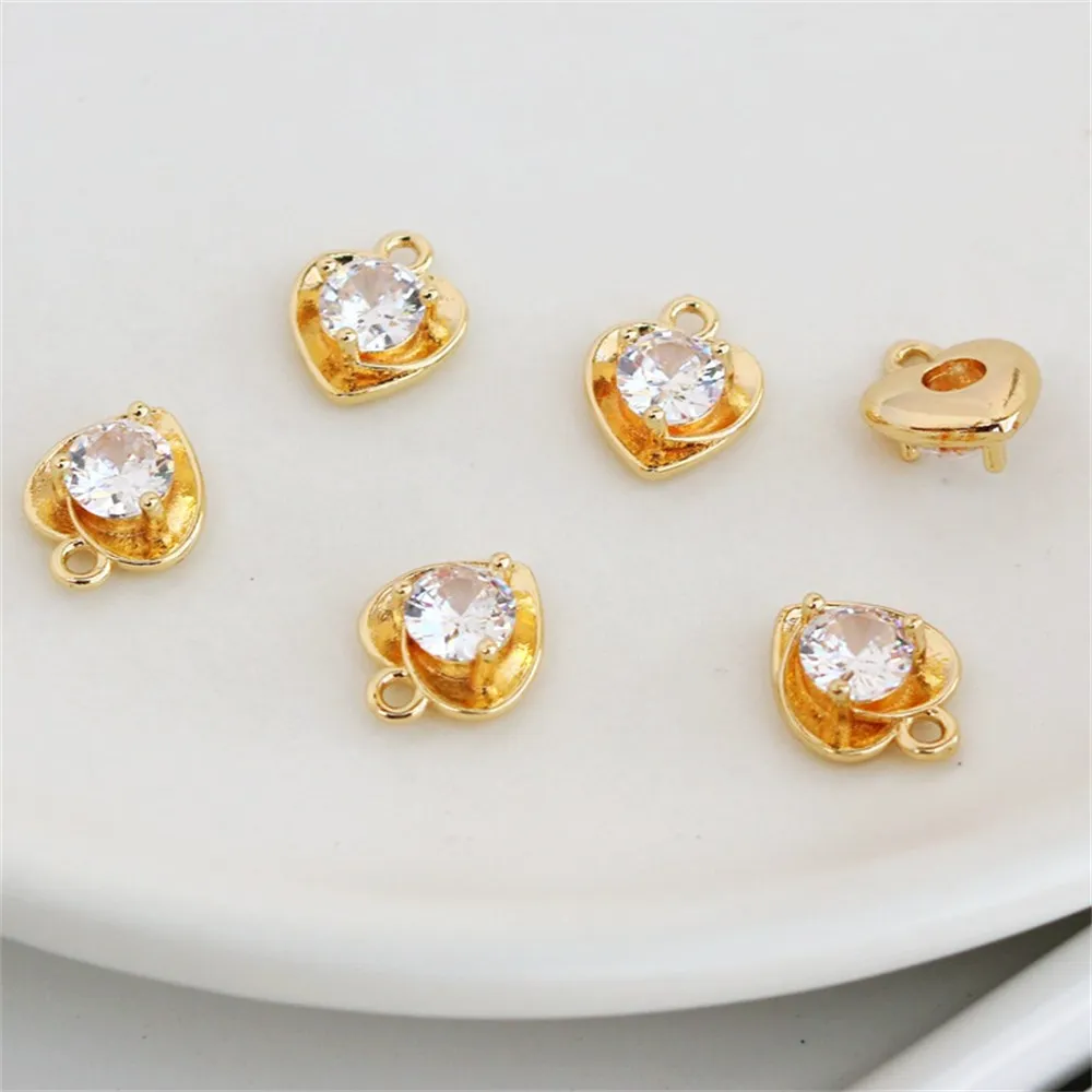 1pcs 14k Gold Color Inlaid Zircon Pendant 10mm Peach Heart Inlaid Diamond Pendant Diy Bracelet Necklace Pendant Charm
