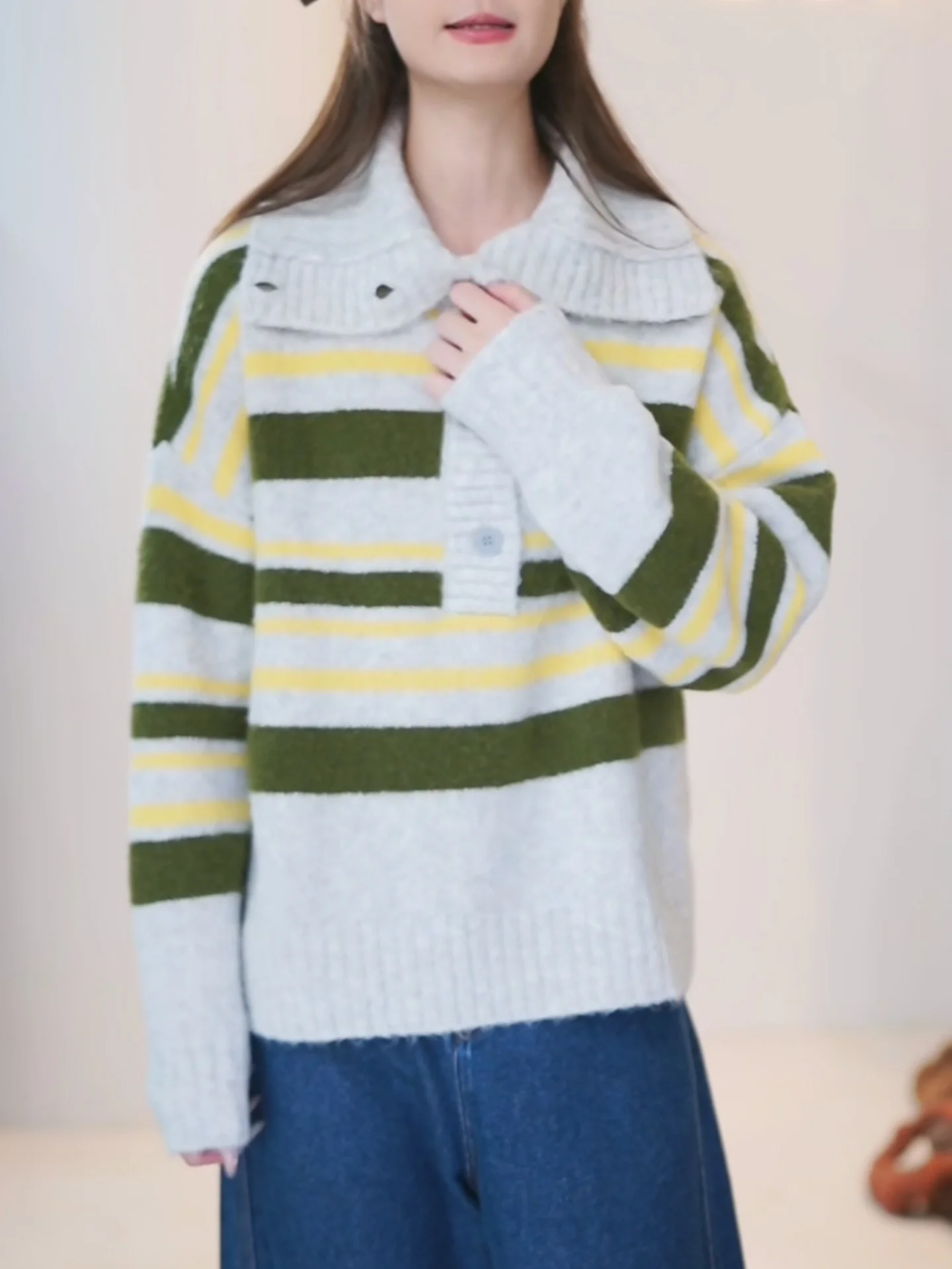 

Large Size Striped Knitted Sweater for Women Commute Sle Color Blo Winter Top f Open Collar Long Sve Camere Sweater