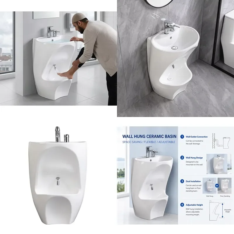 For Muslim Wudu Basin Ceramic Bathroom Sink Double Level Wash Stand Full Pedestal Ablution Faucet Islamic Prayer Washing