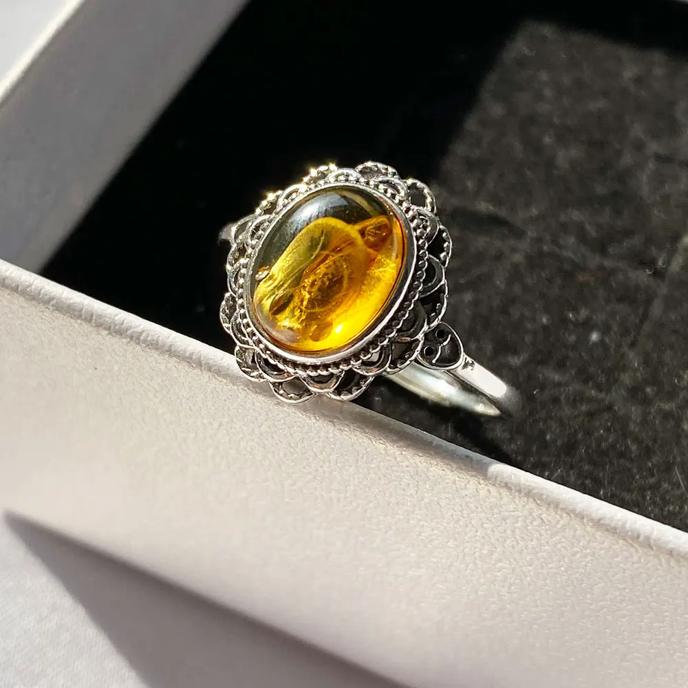 

Adjustable 925 Sterling Silver Ring With 7 * 9mm Natural Amber, Vintage Exquisite Women's ring, Party Jewelry, Birthday Gift