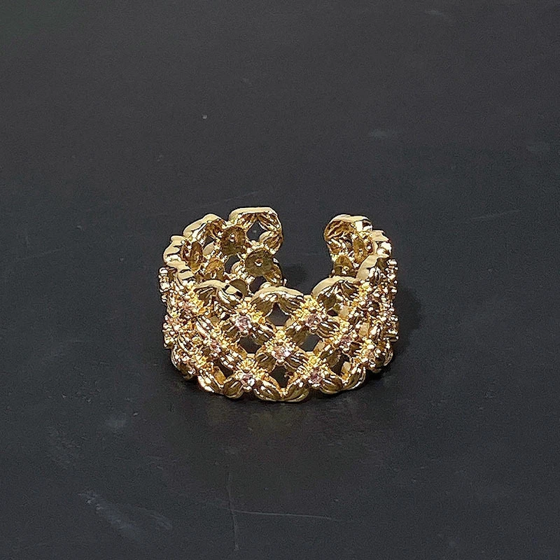 Personality Lace Hollow Out Design Crystal Adjustable Ring for Women Fashion Stainless Steel Knuckle Ring Jewelry Accessories