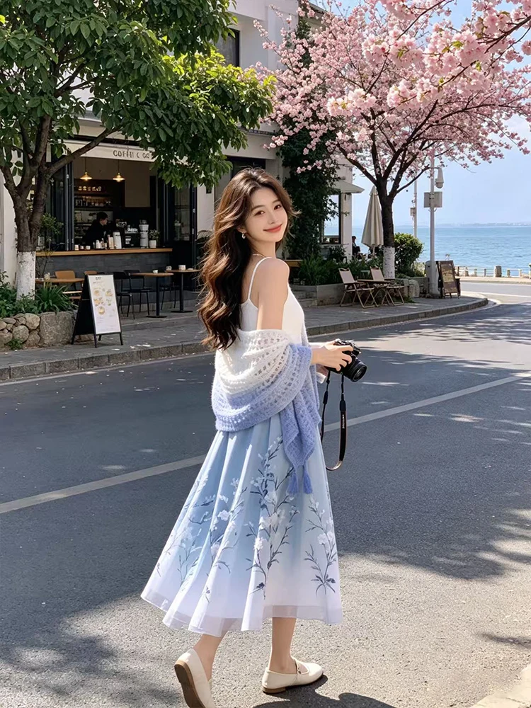 Blue Floral Print Hanfu Skirt Set Women's Long High Waist Slimming Summer Anti-Aging Lazy Style Shawl Strap Three-Piece Set