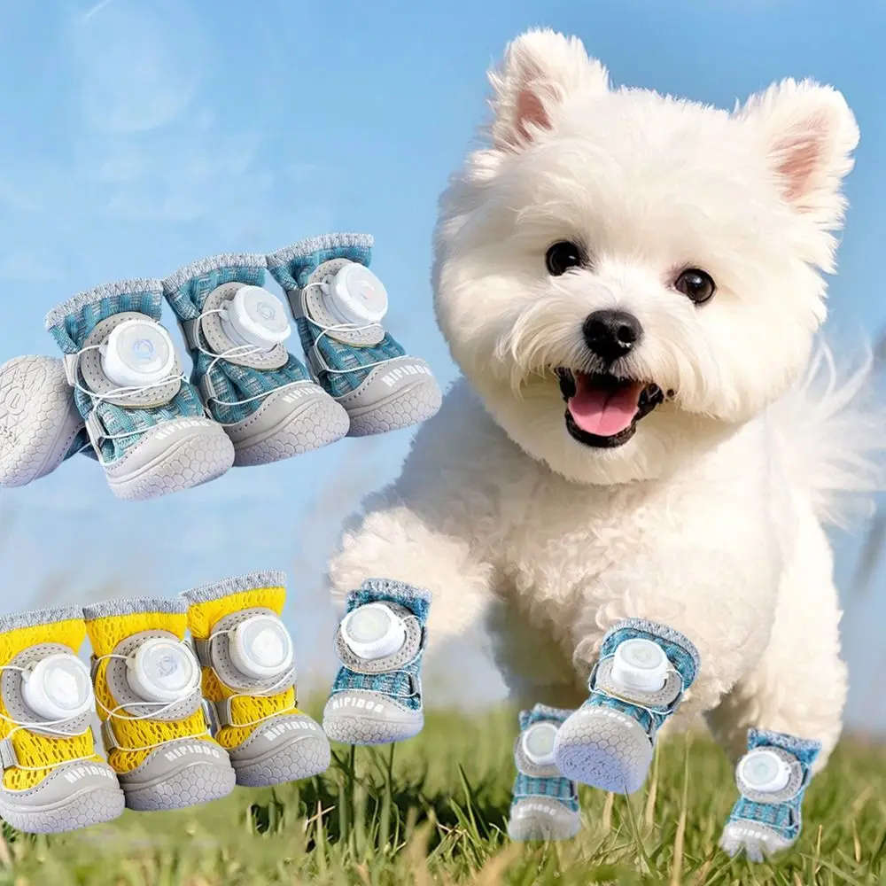 

4Pcs/Set Fashion Breathable Button Dog Shoes Anti-slip Reflective Dog Footwear Comfortable Soft Sole Dog Paw Protectors Summer