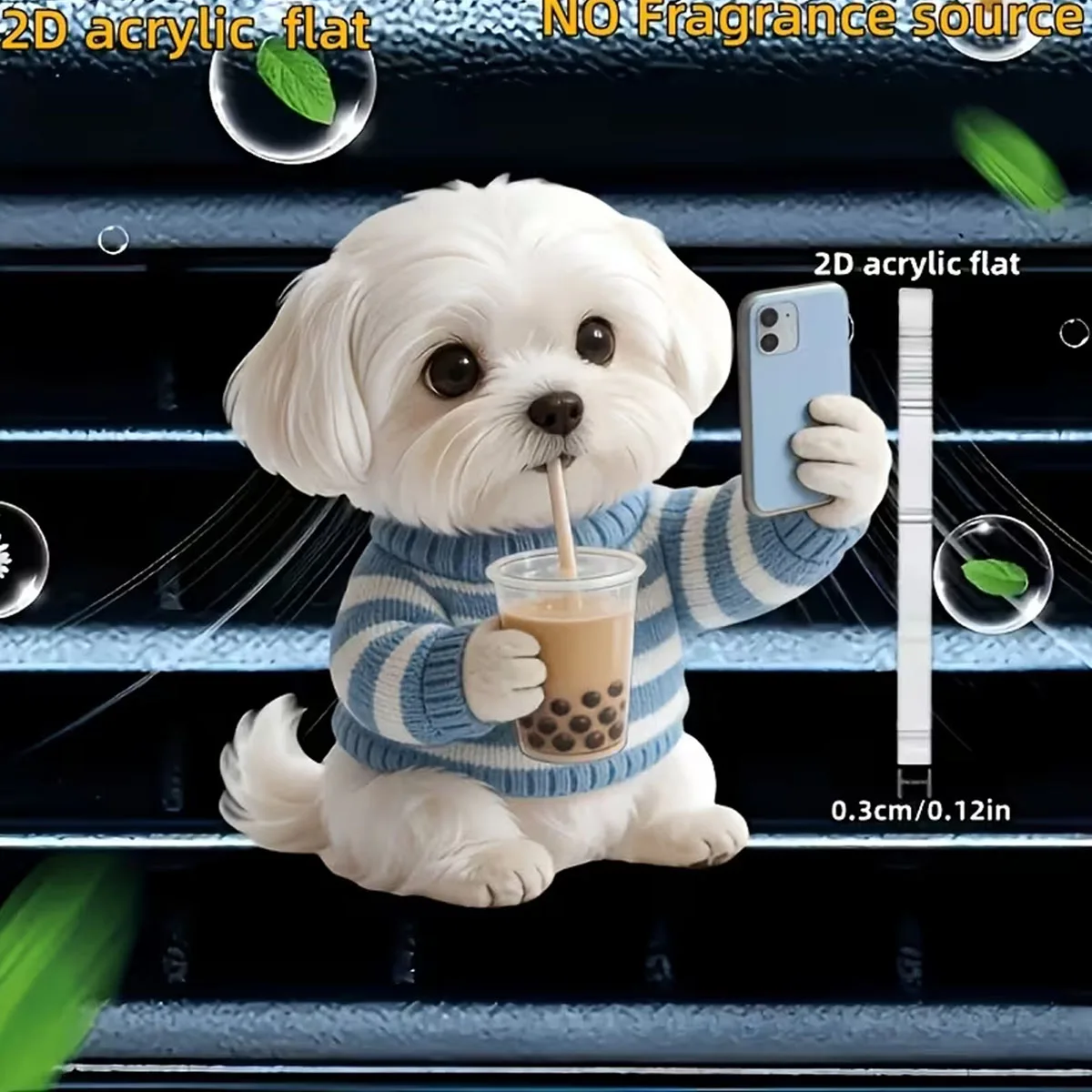 2D Flat Acrylic Car Air Vent Freshener Clip, Cute Maltese Puppy Taking Selfie & Drinking Boba Tea, Auto Decors