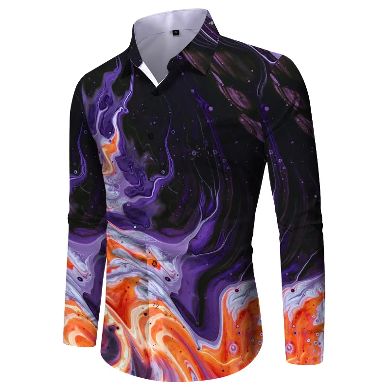Fashionable 3D printed colorful design art pattern men's slim fit casual summer collar button comfortable long sleeved shirt