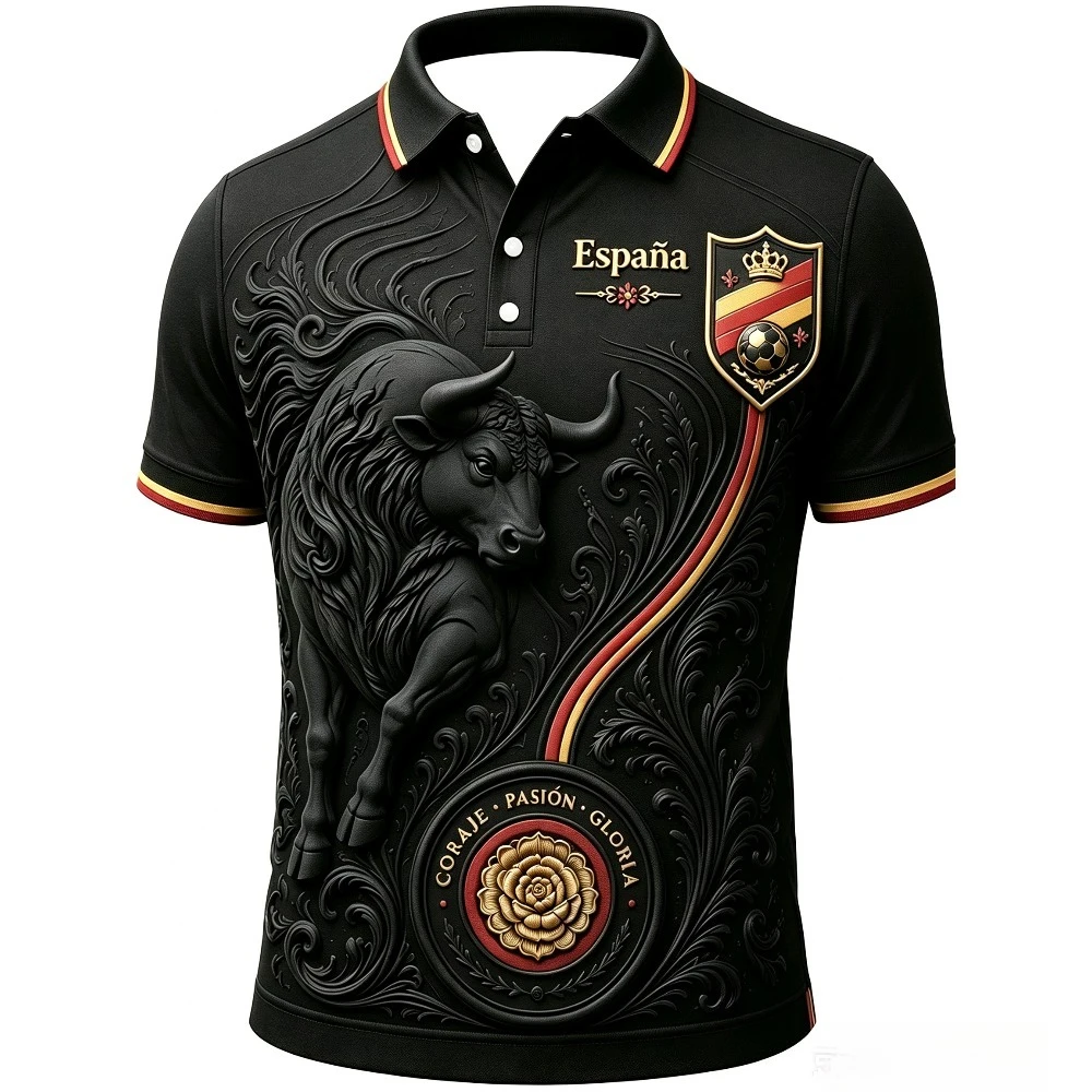 2 Styles Spain  Soccer Polo Shirts, Cathedral & Bull Printed Patriotic Football Fan Casual Short Sleeve Jerseys
