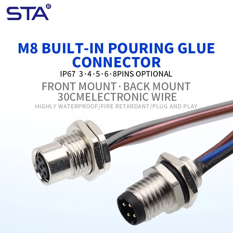 M8 Male Female Front Back Mount Metal Built-in Glue Filling Socket With 30cm Electronic Wire Harness 3 4 5 6 8 Pins