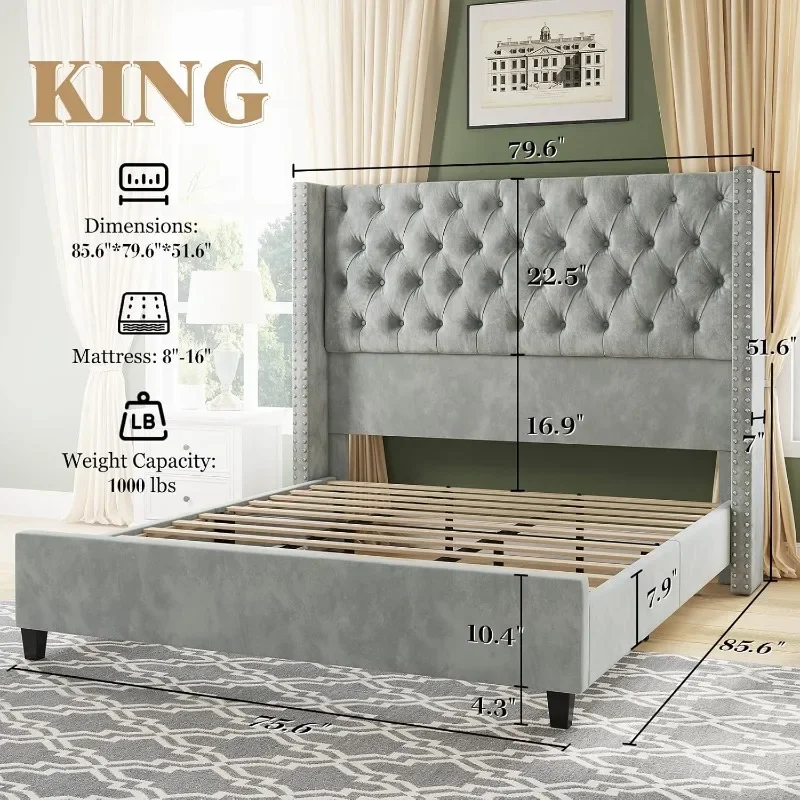Jocisland King Size Bed Frame with 51.6” Wingback Tufted Velvet Headboard, Modern Upholstered Platform Bed, No Box Spring