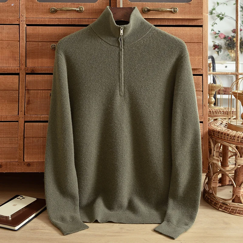 ZNTX 100% pure cashmere sweater men\'s turtleneck pullover solid color knit winter thick warm fashion casual lapel sweater