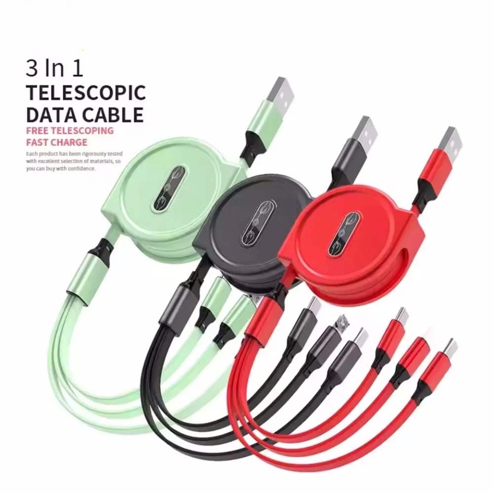 New 3 In 1 Retractable USB Cable Fast Charging Data Cord For Iphone Samsung Huawei Xiaomi Multi Port Multiple Charging Wire