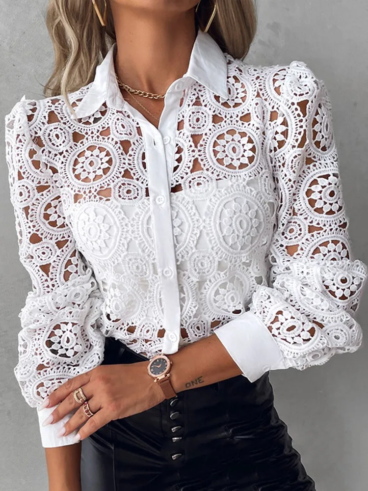 

Fashion Women's Clothing Lace Blouses For Women Elegant Office White Shirt Long Sleeve Button Turn-down Collar Sexy Hollow Tops