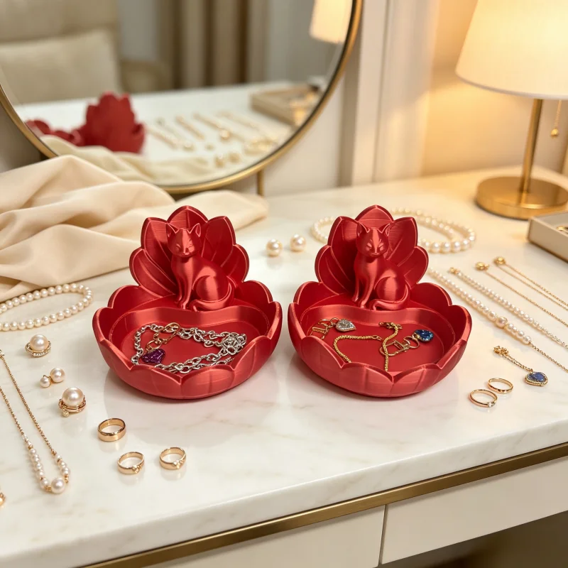2-Piece Set of Matte Red Lotus Cat Sculpture Beauty Storage Trays, Anti-Tangle Lotus-Shaped Cosmetic Storage Dish, High Aesthetic Oriental Decorative Waterproof Bathroom Accessory, Storage Tray for Rings, Bracelets, Necklaces, Earrings, Lipsticks, Mini Perfumes, and Small Beauty Items