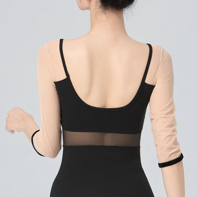 Ballet Leotards for Women Adult Half Sleeve Dance Bodysuits Nylon Mesh Velvet Splice Aerialist Yoga Bodysuits Gymnastics Leotard
