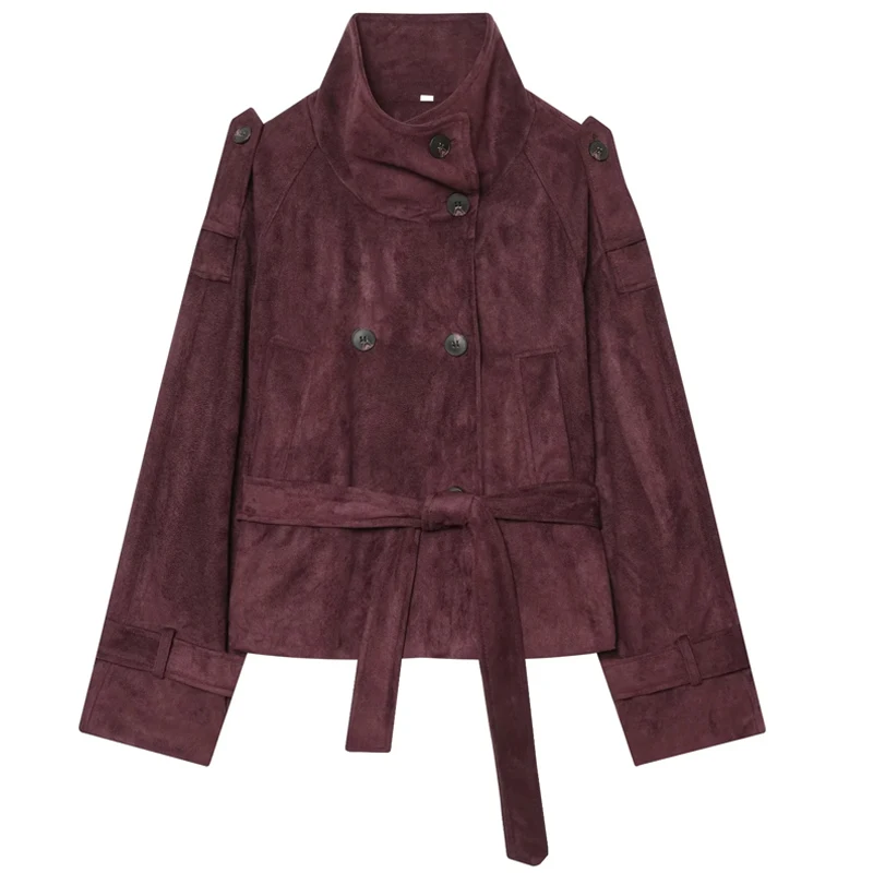 HXAO Faux Suede Cropped Coat Women's Jacket 2026 Burgundy Long Sleeve Top Button Belt Fitted Bomber Jacket Streetwear Outerwear