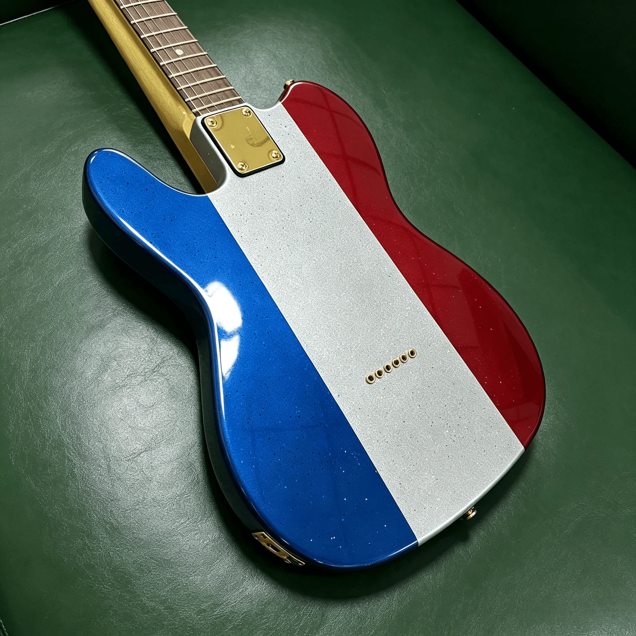 US Warehouse Red White Blue Sparkle Electric Guitar 3 Color Split Metallic Glitter Finish Gold Hardware Cream White Pickguard Single Coil Pickups Vintage Style In Stock Free Shipping view 3