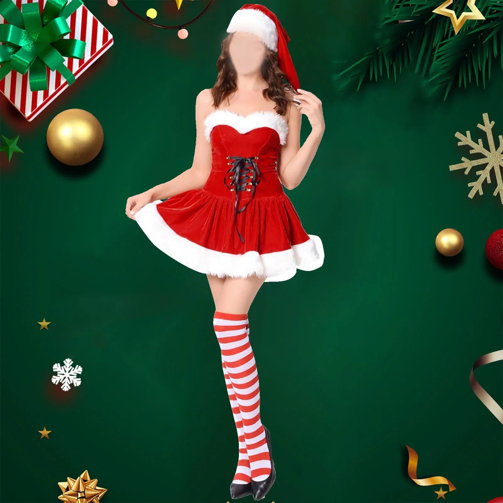 Christmas Cosplay Santa Claus Mini Dress Birthday Party Strapless Sleeveless Dresses Medieval Bandage Patchwork Dress Women